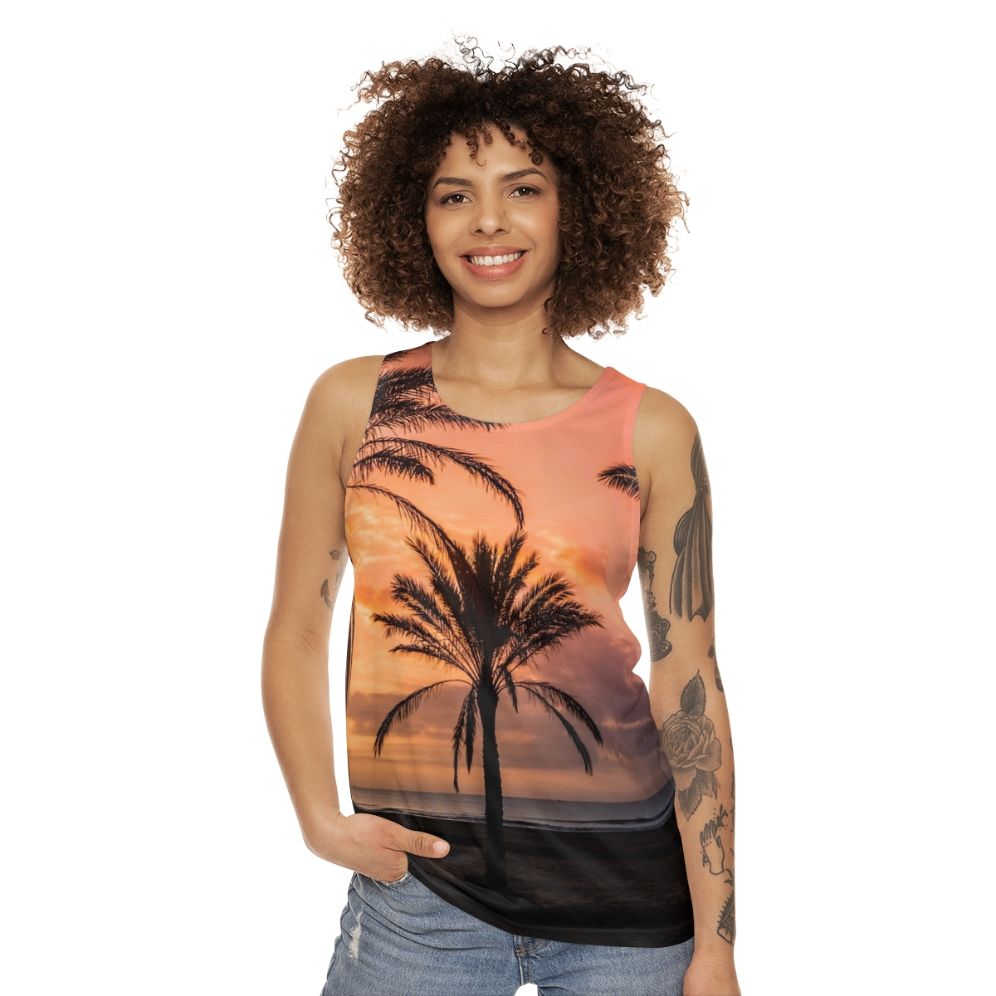 Unisex tank top with a tropical sunrise over palm trees design - women