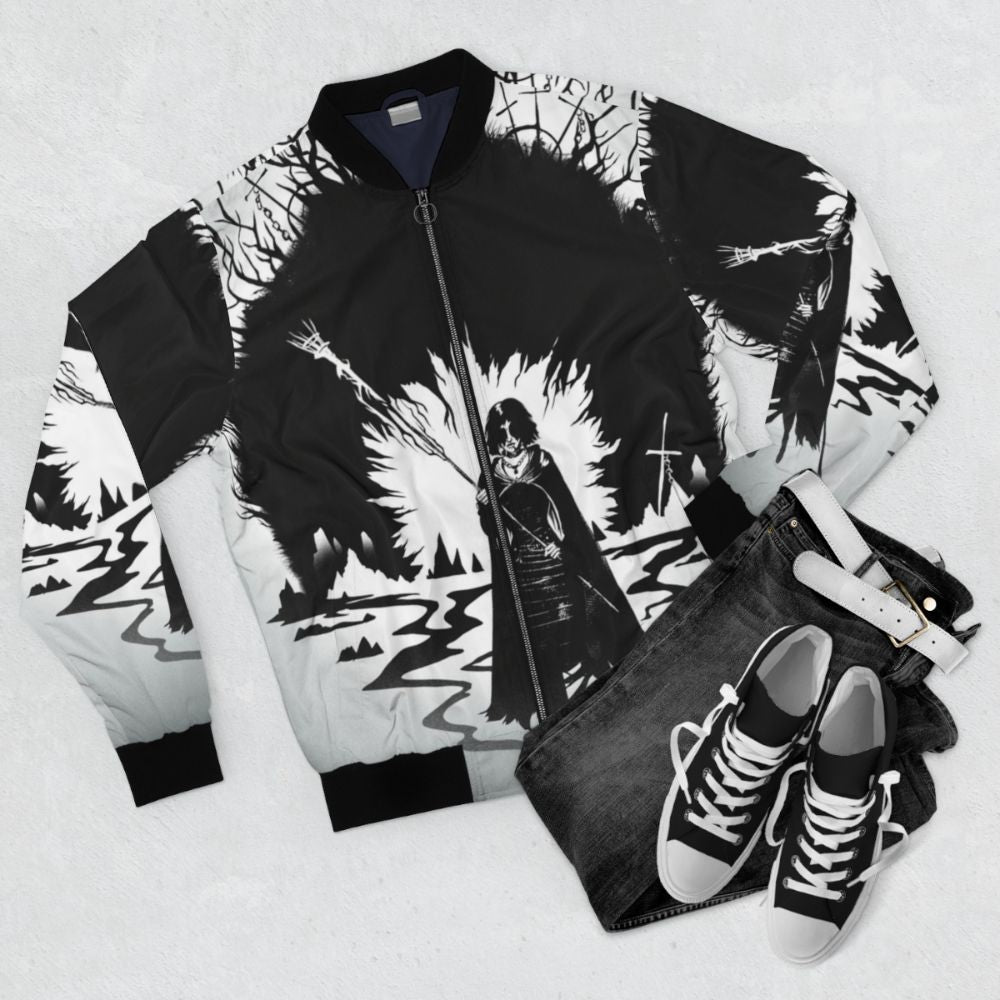 Dark Souls inspired The Maiden in Black bomber jacket with iconic video game design elements - Flat lay