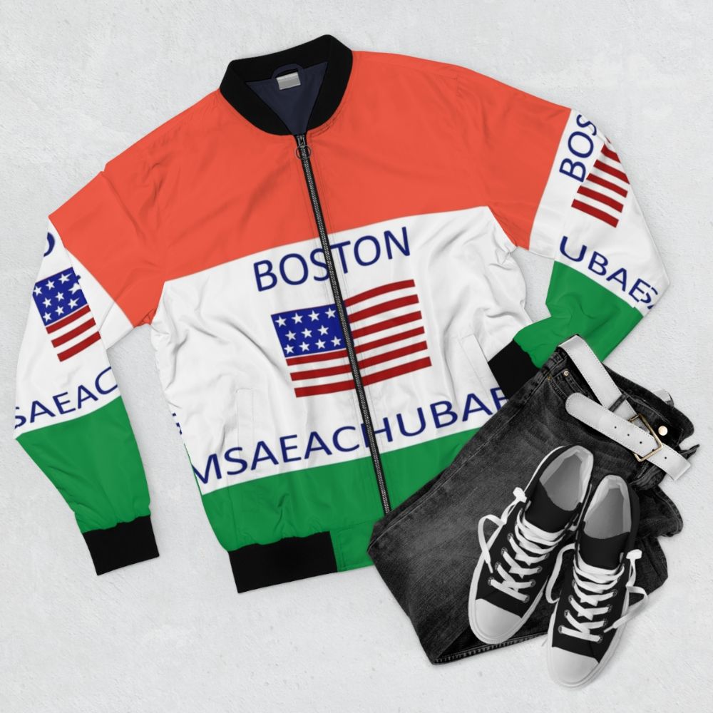 Boston Massachusetts meme-inspired bomber jacket with playful design - Flat lay