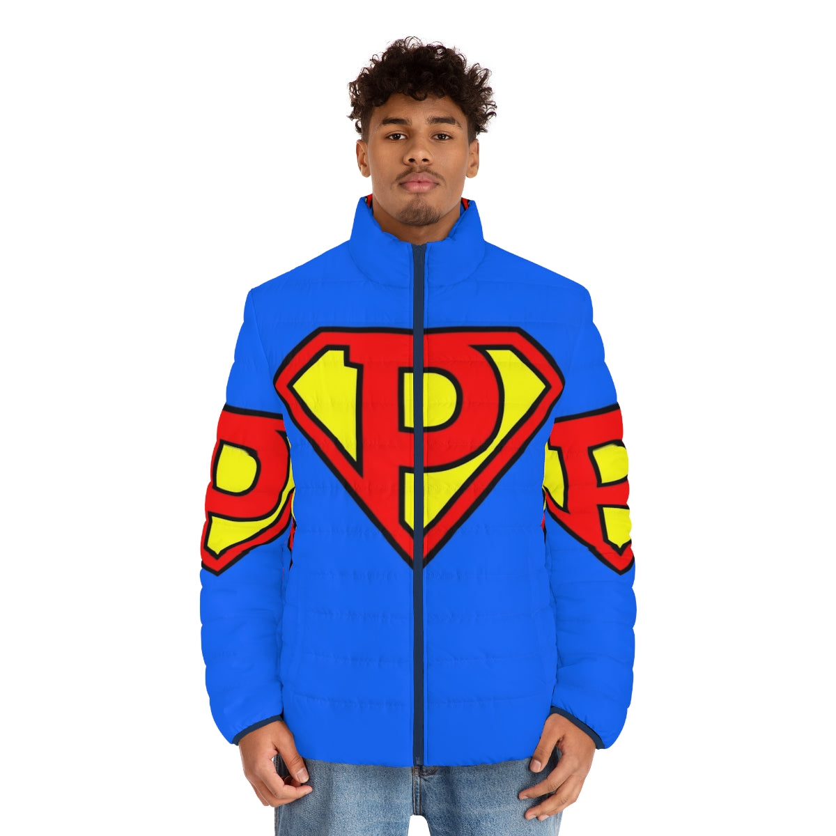 Super Letter P Puffer Jacket - Superhero Themed Outerwear - men front