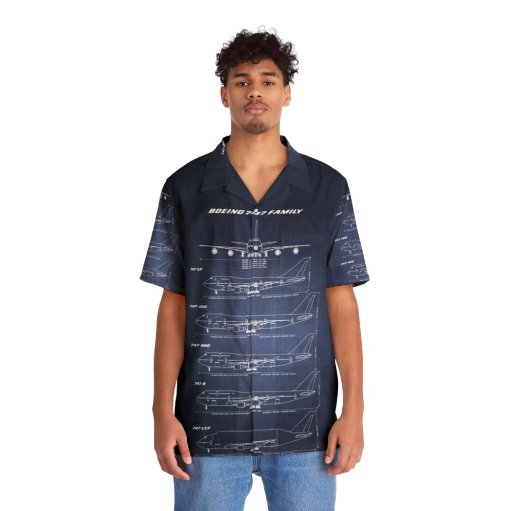 Boeing 747 Family Blueprint Dark Blue Hawaiian Shirt - People Front