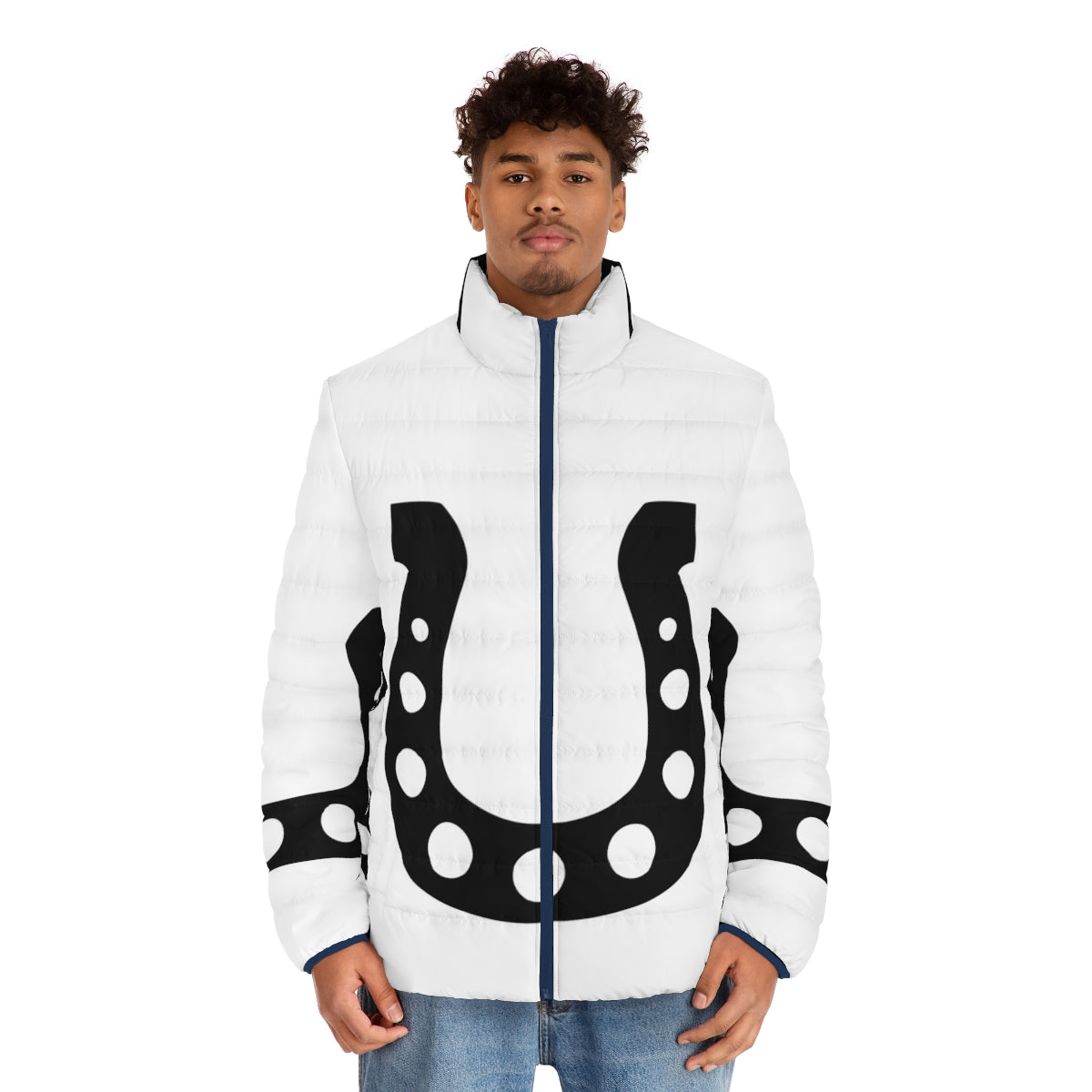 A person wearing a warm and stylish puffer jacket with a horseshoe design - men front