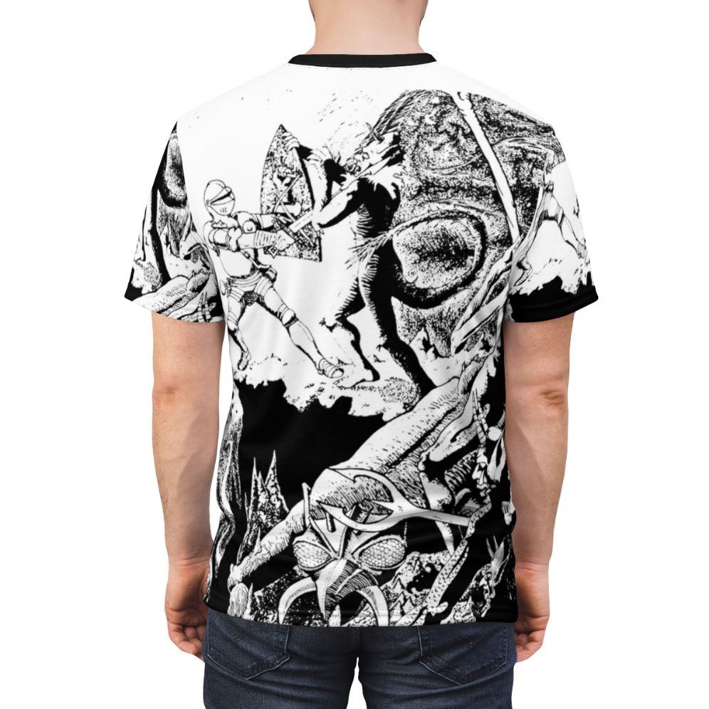 Retro fantasy t-shirt design featuring a paladin character in a demonic setting, inspired by classic Dungeons & Dragons art. - men back