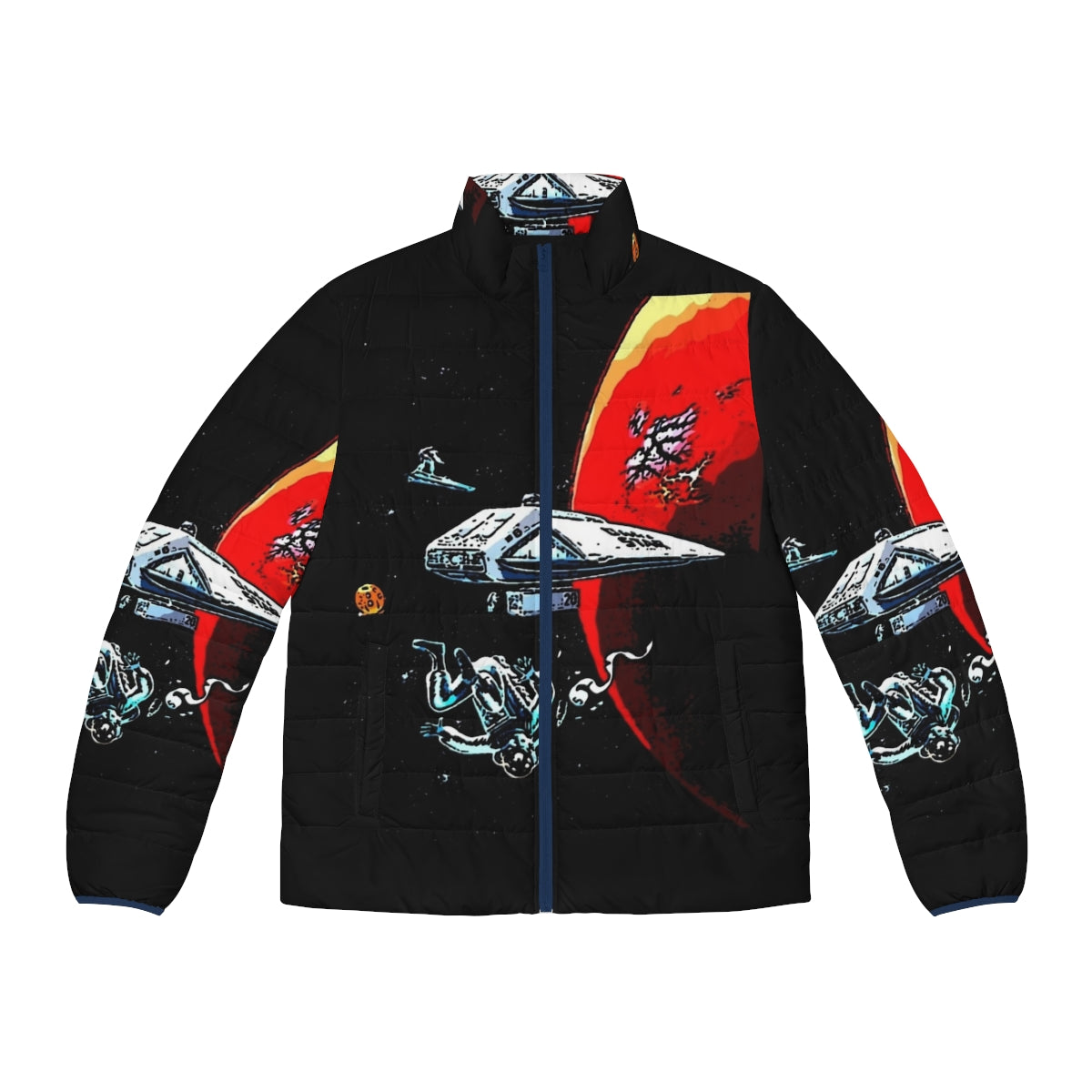 Dark Star sci-fi puffer jacket with spacecraft and retro design