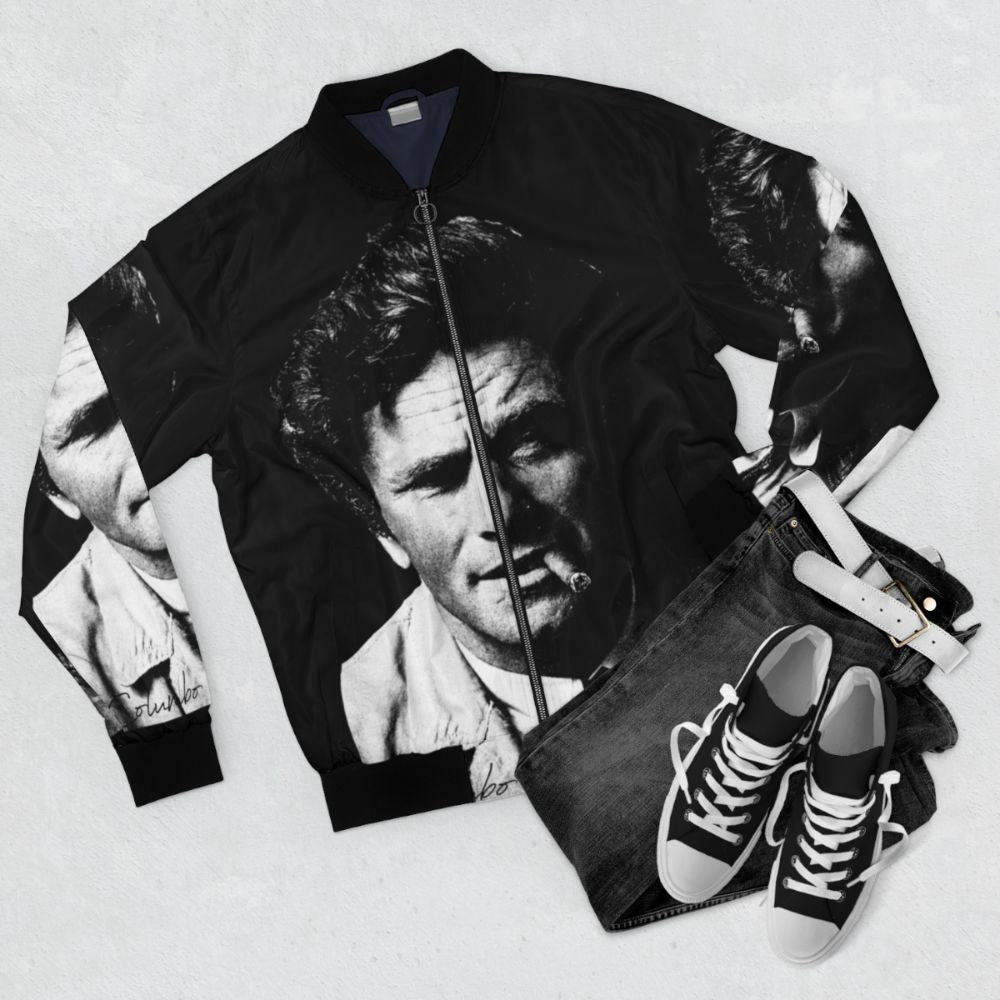 Columbo Portrait Bomber Jacket featuring Peter Falk from the classic 1970s/1980s TV show - Flat lay