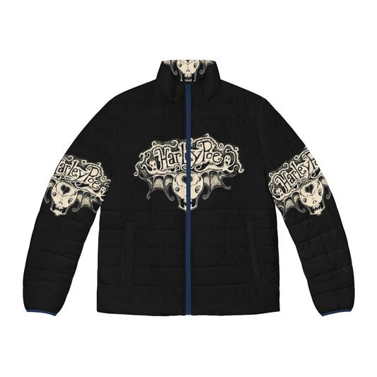 Scared Harley Skull Poe Wings Puffer Jacket featuring the classic Harley Poe band logo