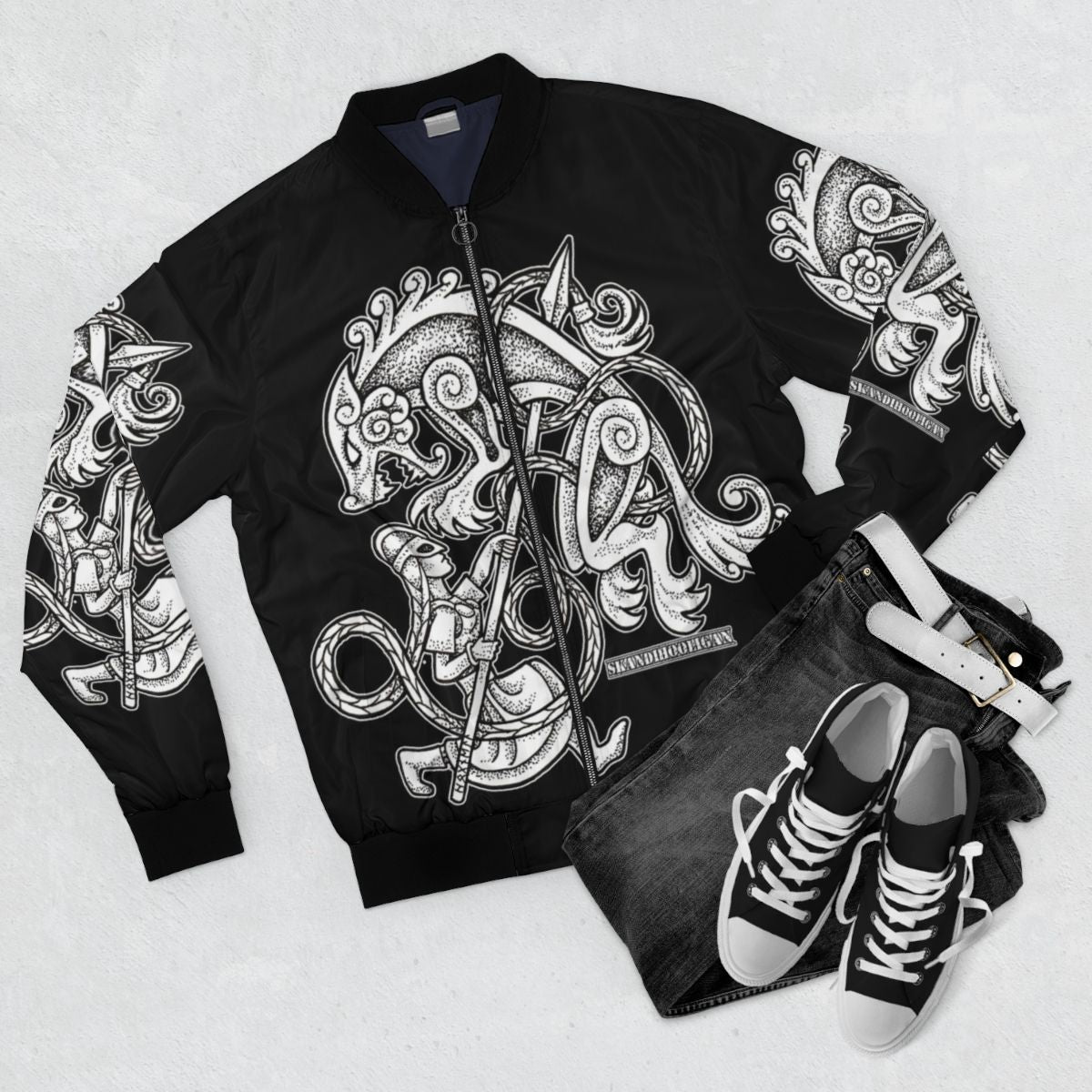 Valkyrie shieldmaiden huntress women's bomber jacket with Norse knotwork and dotwork designs - Flat lay