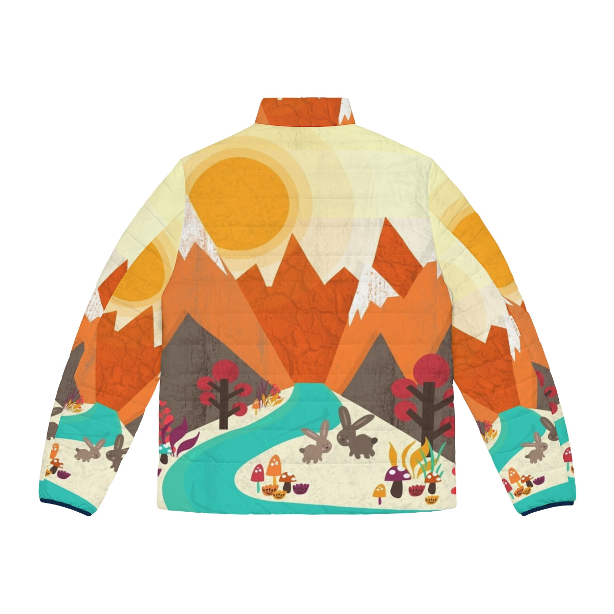 Colorful puffer jacket with nature and landscape elements like trees, flowers, and a rabbit - Back