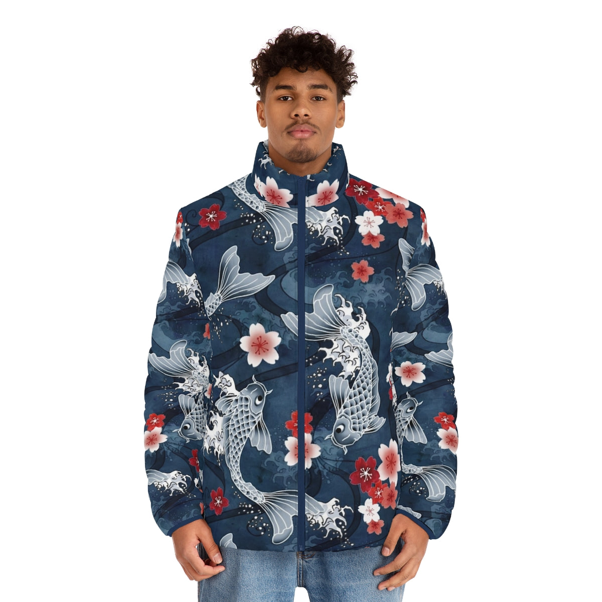 Blue puffer jacket with floral koi fish and sakura blossom watercolor design - men front