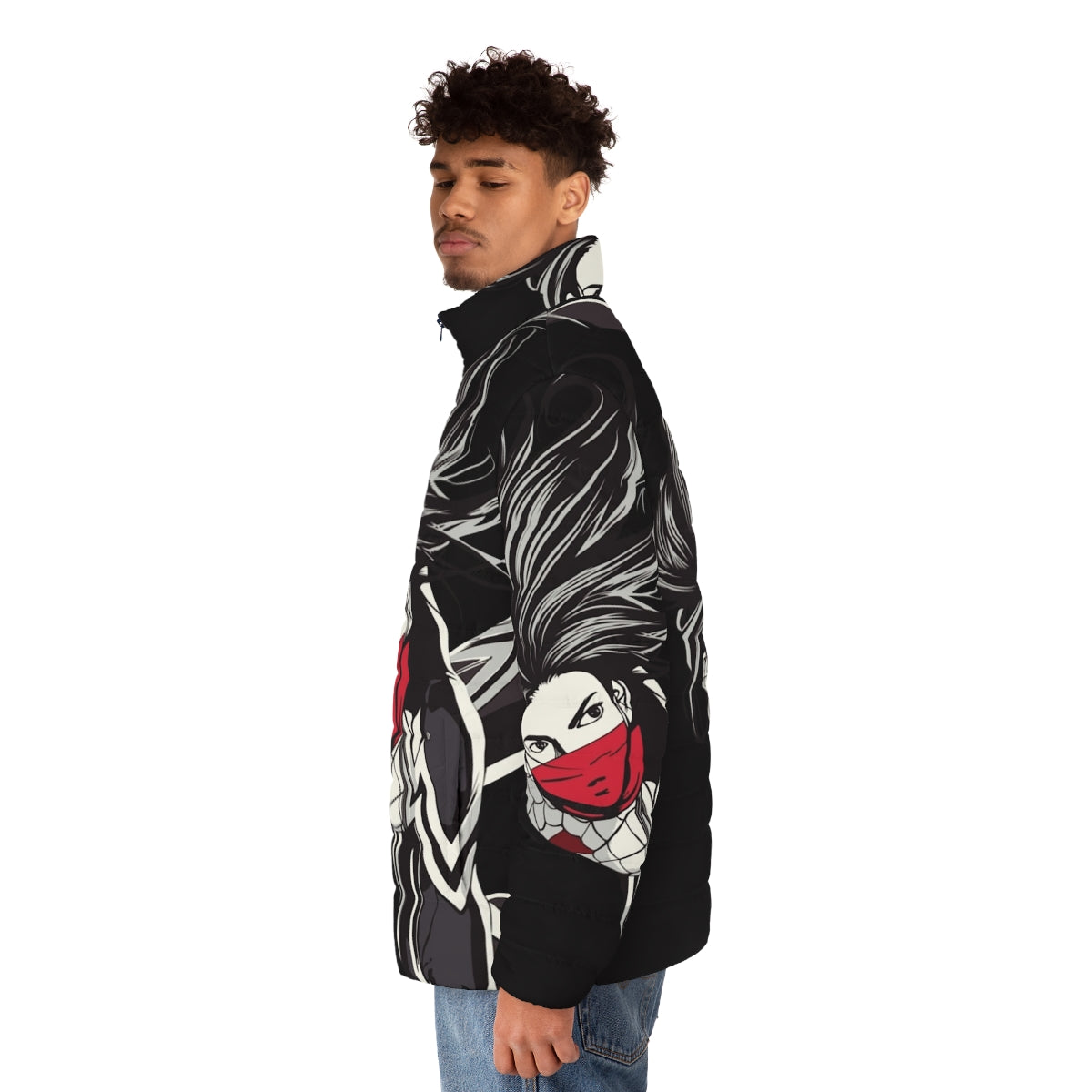 Cindy Moon inspired puffer jacket with spider-verse and superhero graphics - men side left