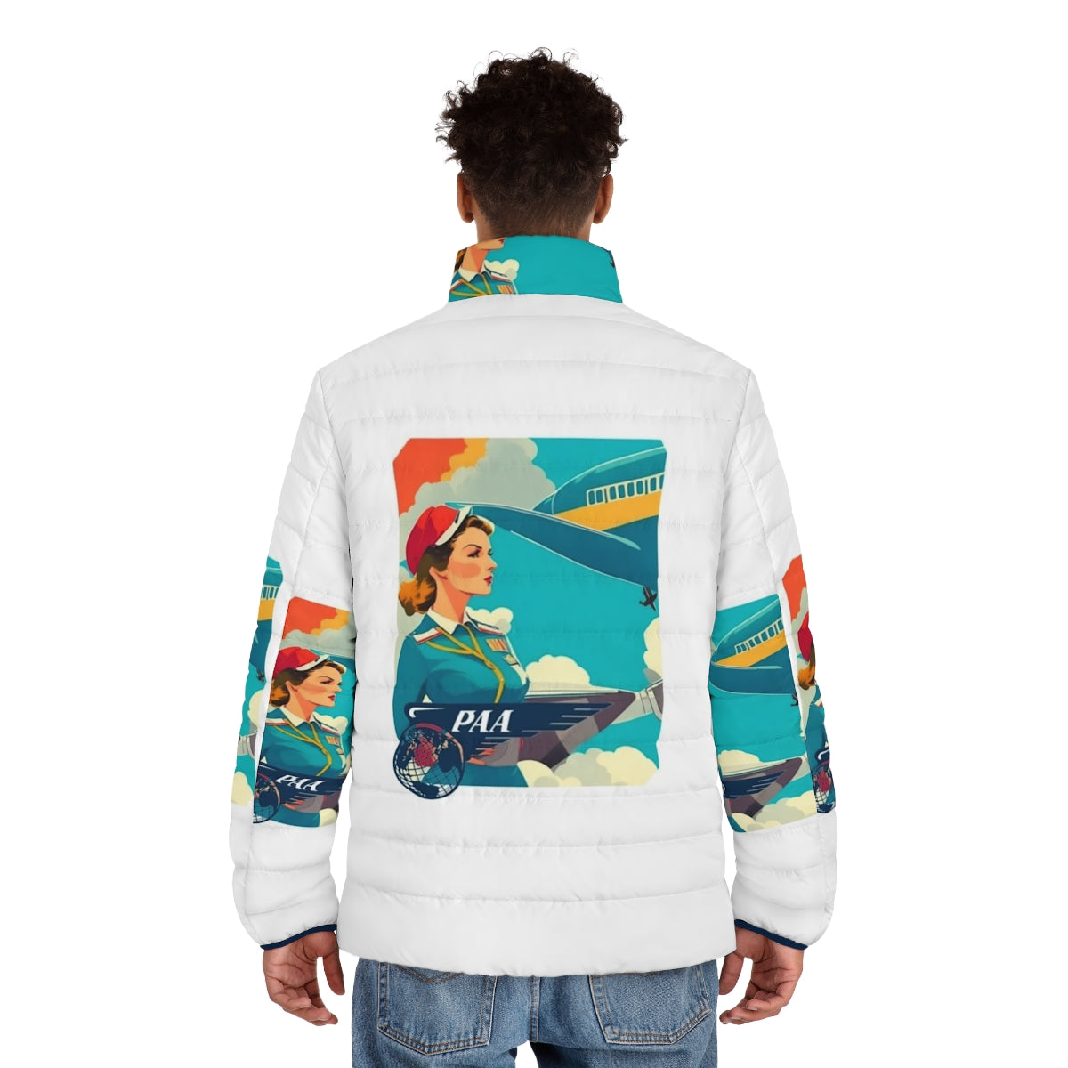 Pan Am puffer jacket featuring vintage airline uniform design and retro aviation graphics - men back