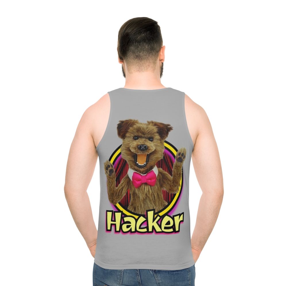 Unisex hacker t-shirt from Hacker Time featuring colorful retro puppet design - men back