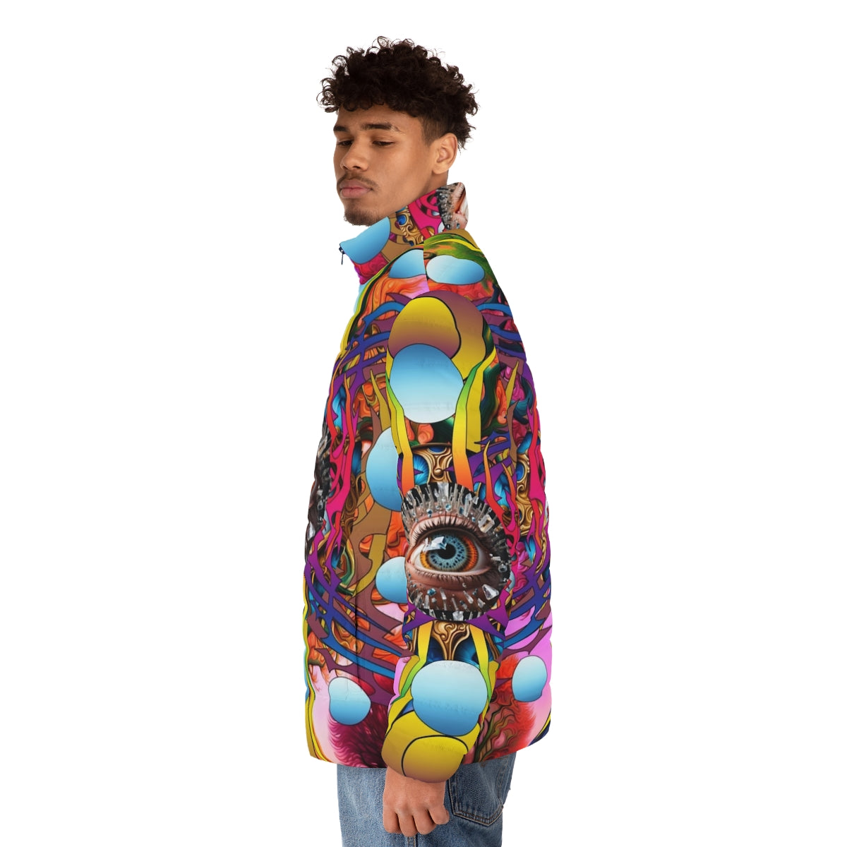 Cosmic Tree Puffer Jacket with abstract, psychedelic nature design - men side left