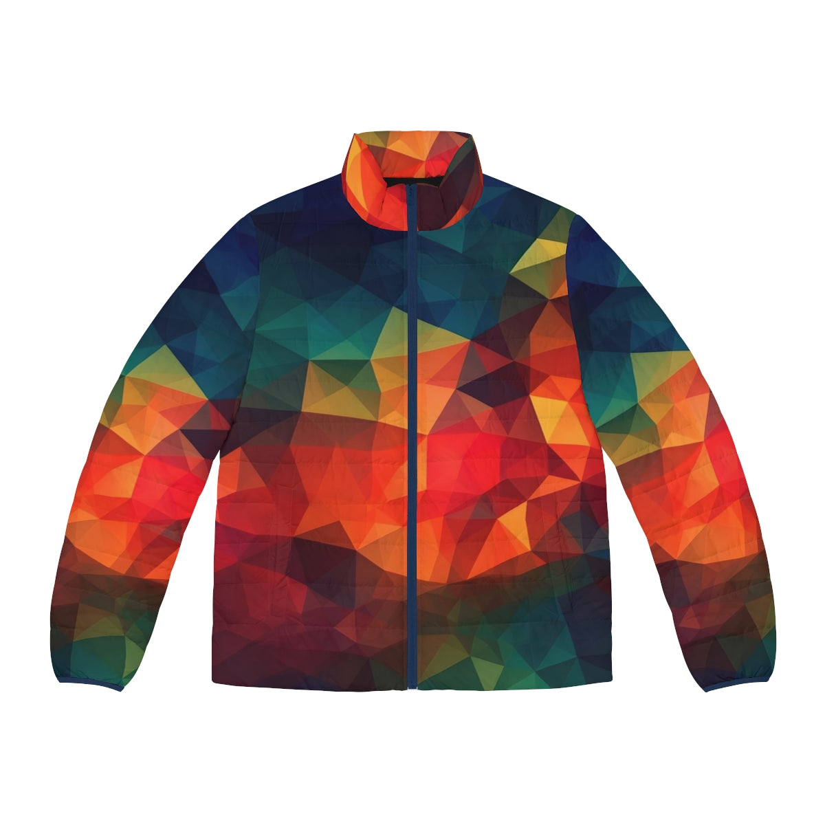 Polygon Prism Puffer Jacket with vibrant geometric patterns and realistic color depictions