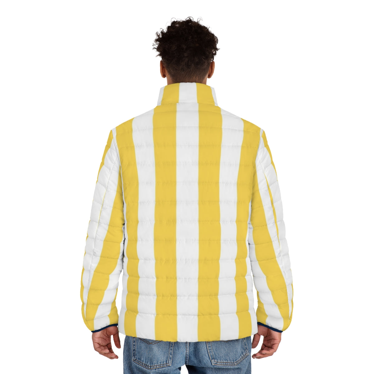 Mustard yellow and white vertical striped puffer jacket with a vintage geometric pattern - men back