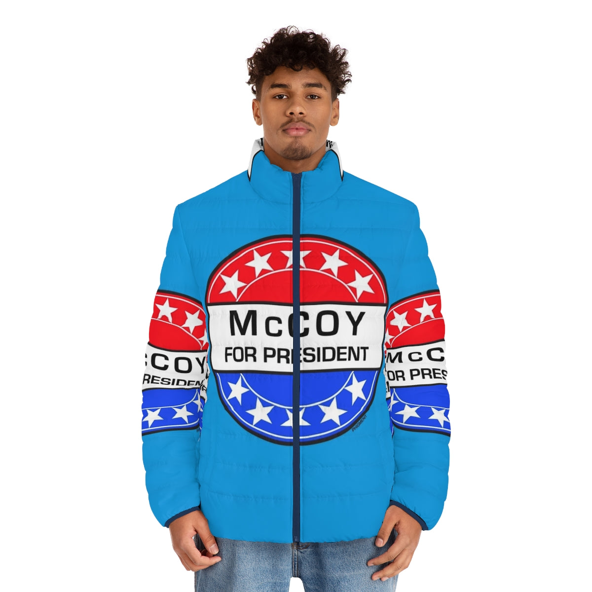 Mccoy For President Sci-Fi Puffer Jacket with Retro Pop Art Design - men front