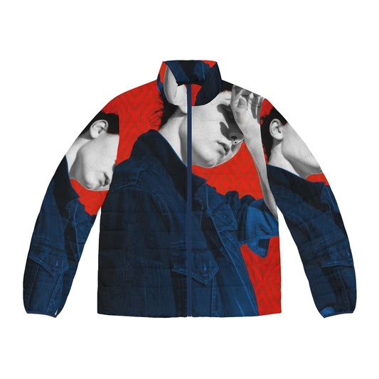 Rebel 1 Puffer Jacket featuring a stylish portrait and pop art design