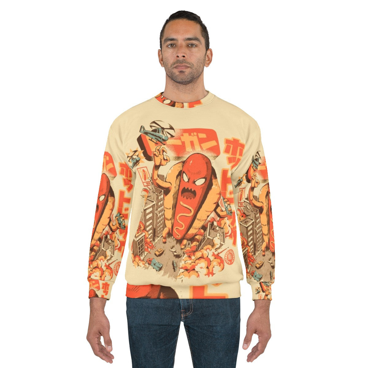 Retro hot dog sweatshirt with Japanese-inspired funny anime monster design - men