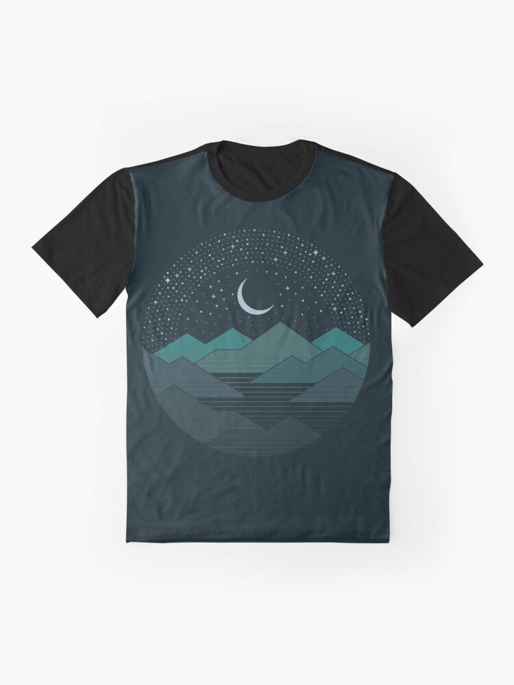 Minimalist graphic t-shirt design with mountains and stars in the night sky - Flat lay