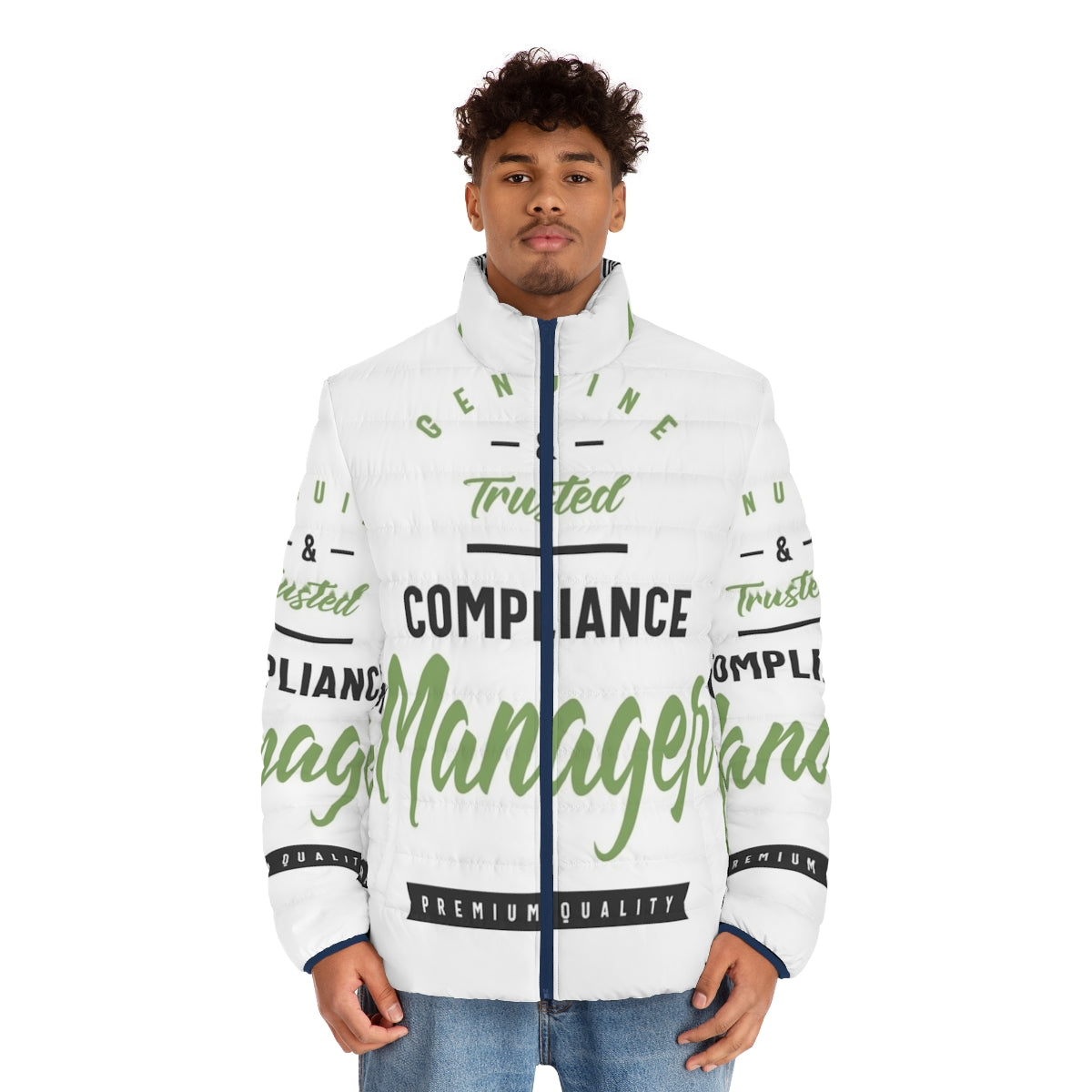 Compliance Manager wearing a puffer jacket for professional attire - men front