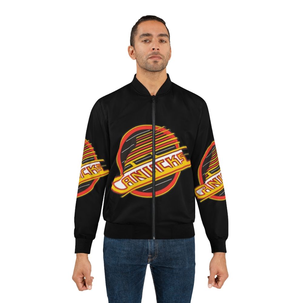 Vancouver Canucks retro hockey-themed bomber jacket featuring the team's iconic logo and colors - Lifestyle