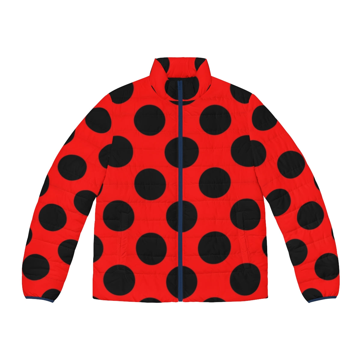 Woman wearing a red and black polka dot lady bug puffer jacket