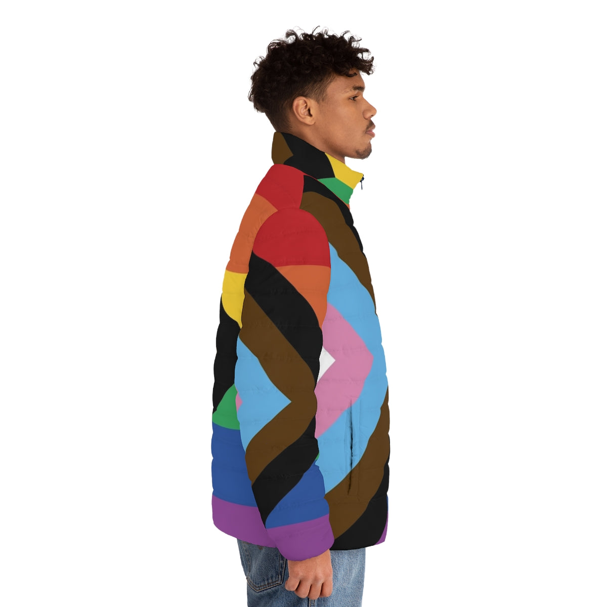 A vibrant puffer jacket featuring the Progress Pride Flag design, celebrating LGBTQ+ identity and inclusivity. - men side right