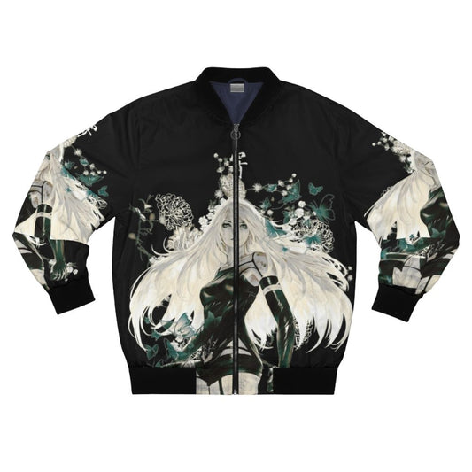 A bomber jacket featuring a fantasy floral and butterfly design, inspired by the game Nier Automata.