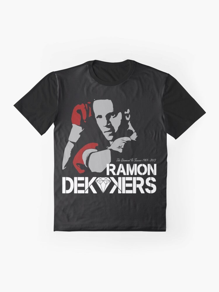 A graphic t-shirt honoring the memory of Ramon Dekkers, the legendary Dutch Muay Thai champion. - Flat lay