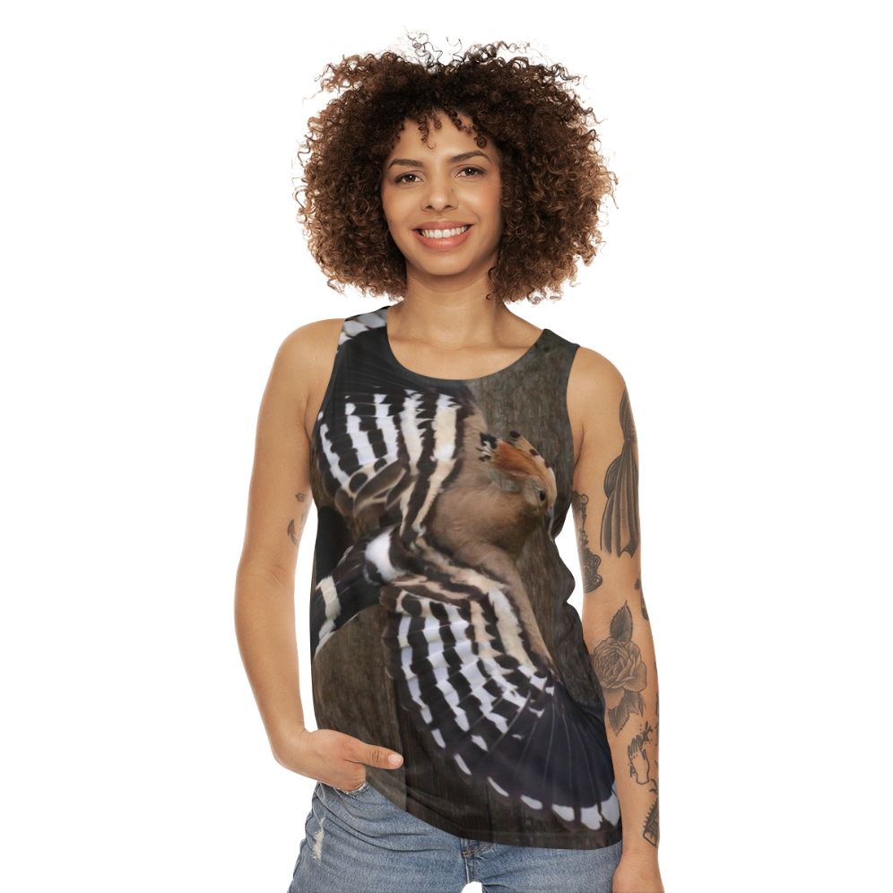 Hoopoe bird in flight on a unisex tank top - women