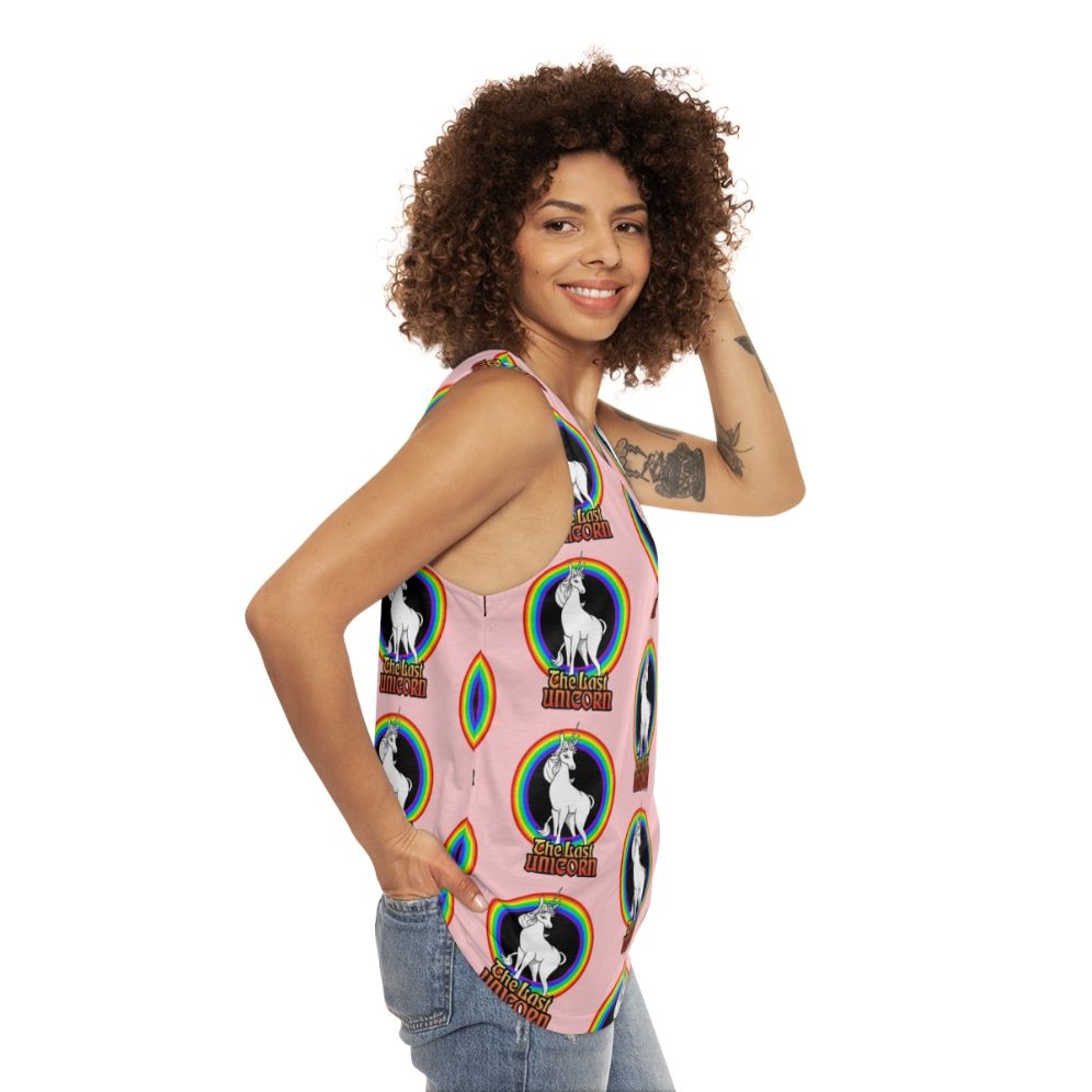 Unisex tank top featuring a white unicorn against a rainbow backdrop - women side