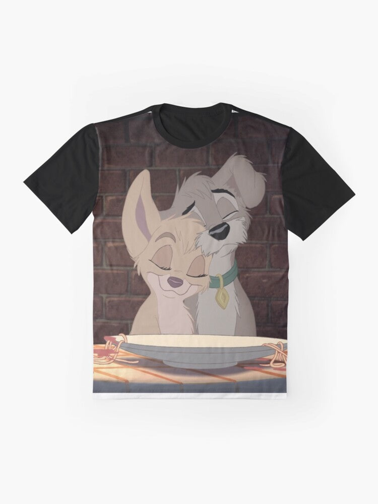 Scamp and Angel, the mischievous pup and his angelic sister from the Disney movie "Lady and the Tramp 2", featured on a graphic t-shirt design. - Flat lay