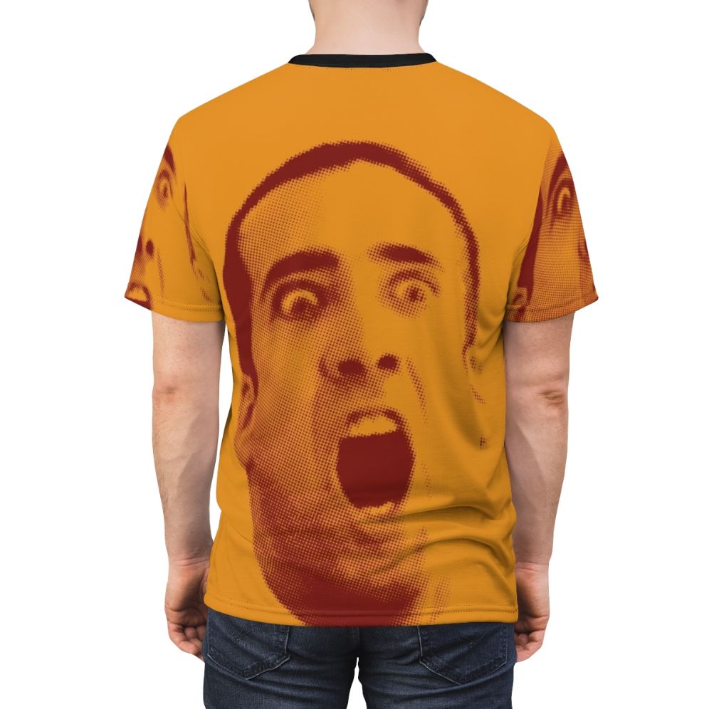 T-shirt featuring a pop art design of Nicolas Cage's iconic face - men back