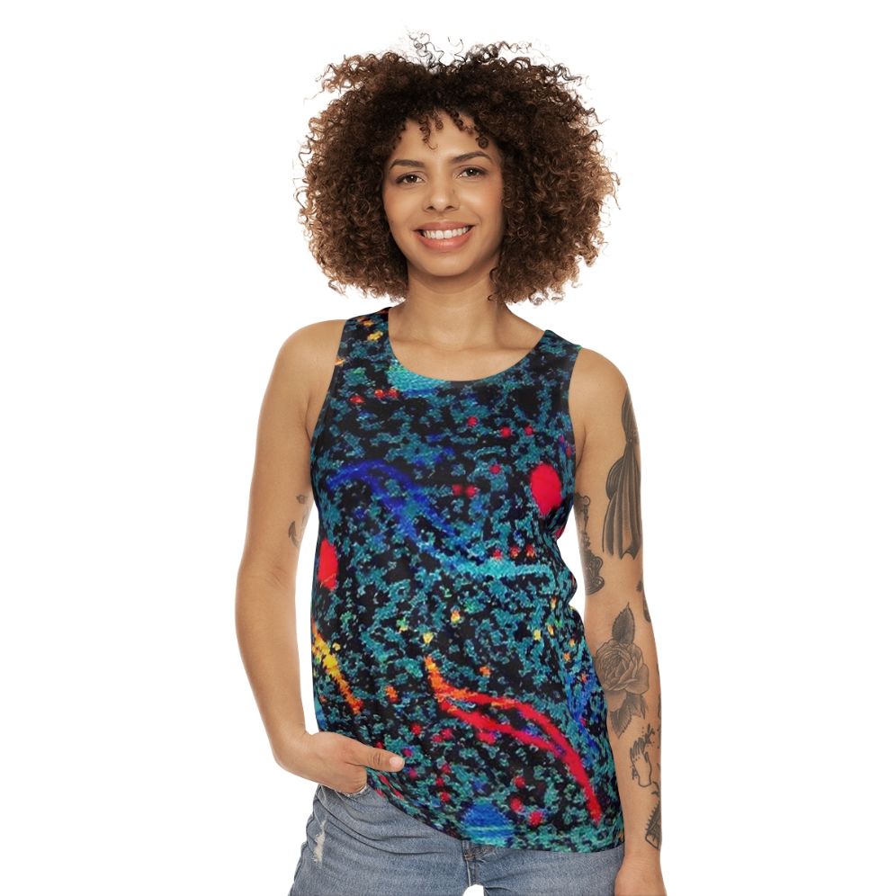 Unisex tank top with retro bus seat pattern design - women