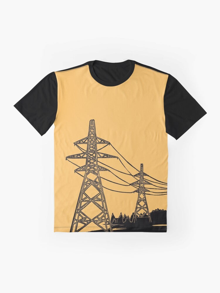 Electricity pylons linocut silhouette graphic design on mustard yellow t-shirt - Flat lay