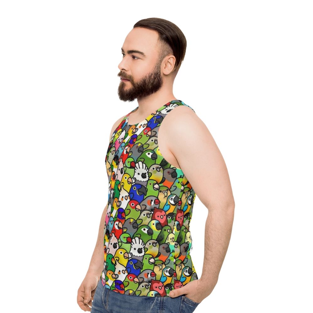 Unisex tank top with a vibrant tropical bird pattern - men side