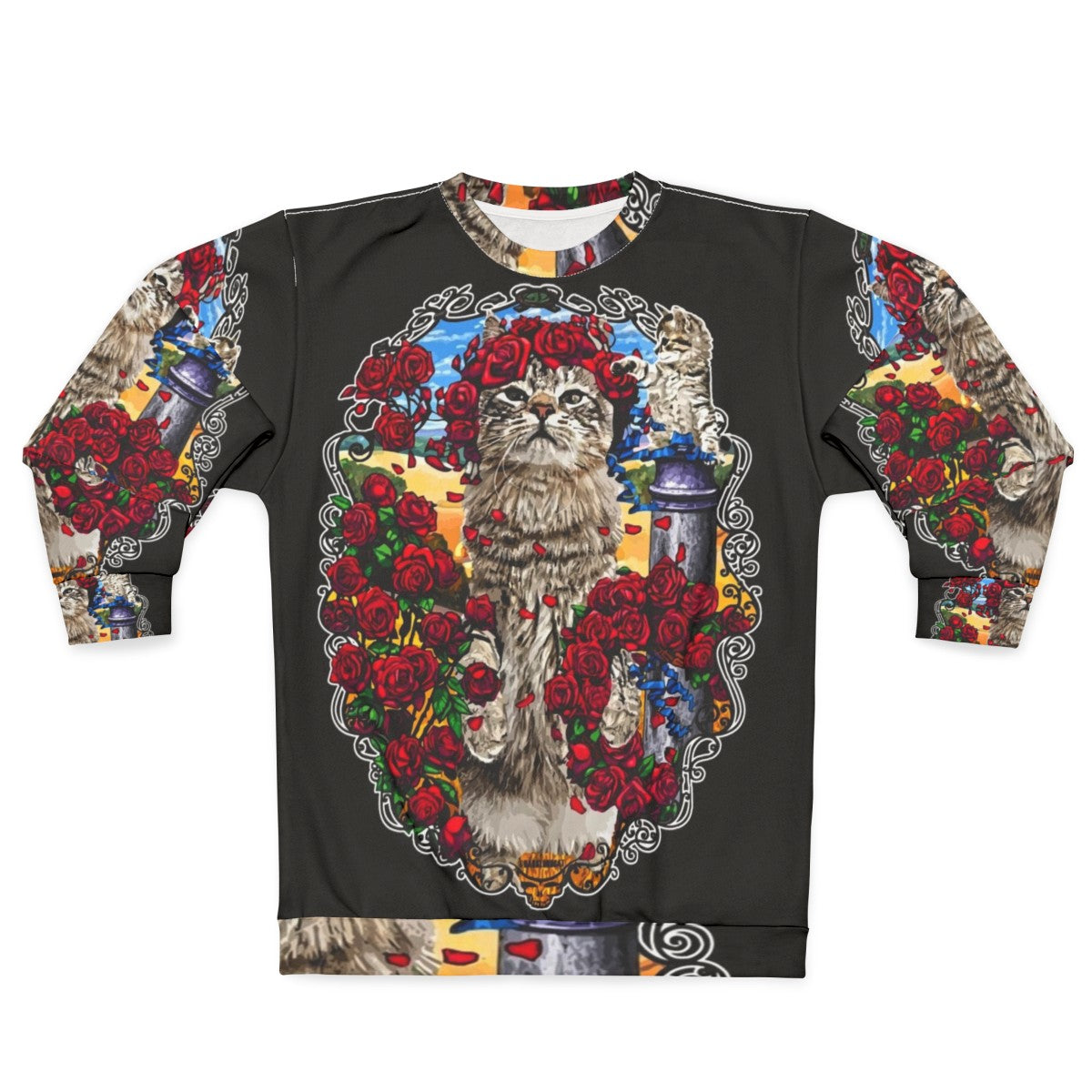 Grateful cats and psychedelic roses design on a sweatshirt