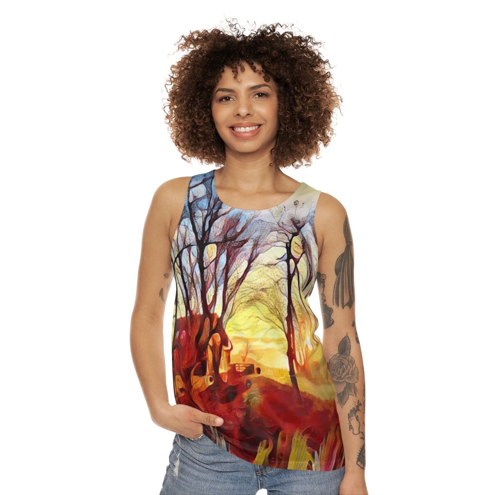 Unisex tank top with a serene mountain landscape and sunrise over trees design - women