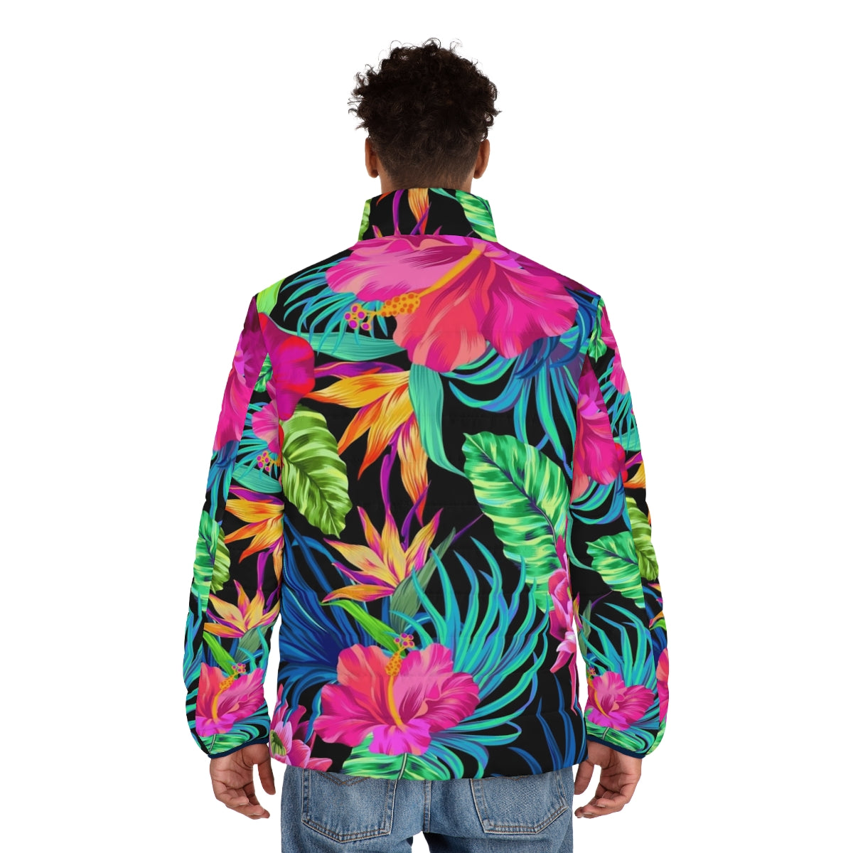 Hibiscus pattern puffer jacket, a fashionable and cozy outerwear piece - men back