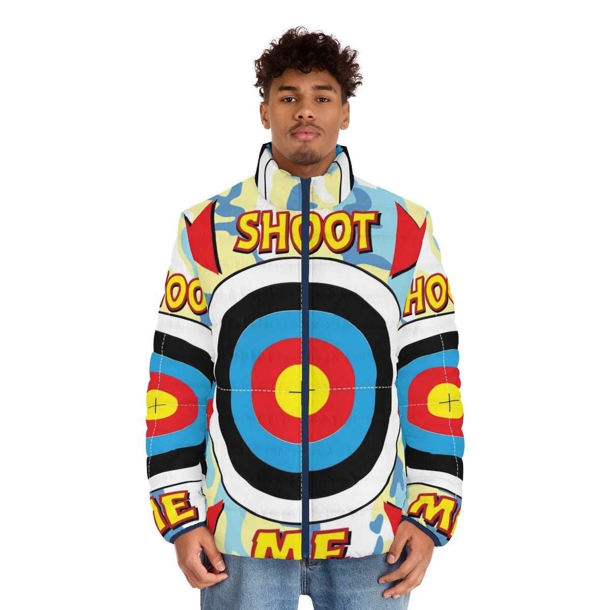 Paintball Stag Hen Do Puffer Jacket with Bullseye Target Design - men front