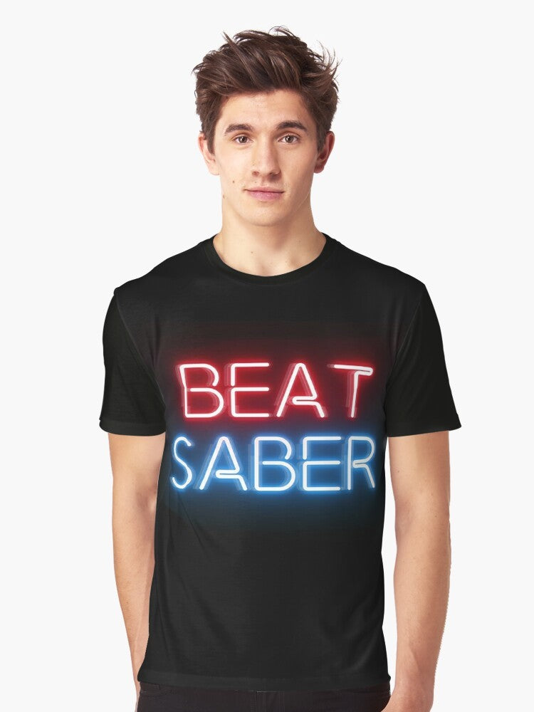 A vibrant and stylish Beat Saber-inspired virtual reality graphic t-shirt. - Men