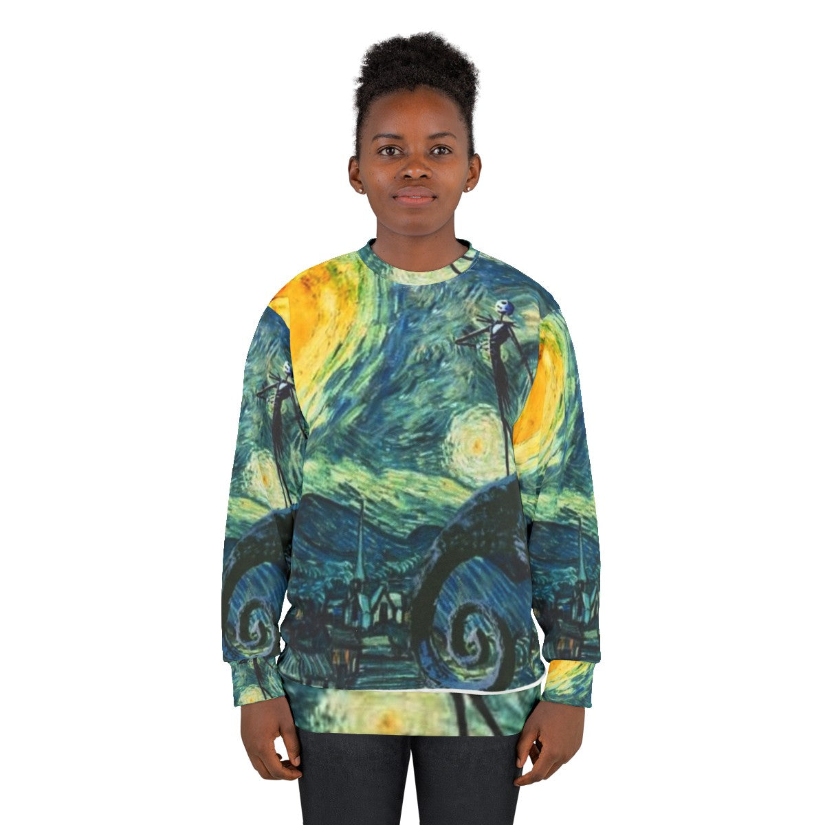 Starry night sweatshirt with nightmare before christmas skeleton design - women