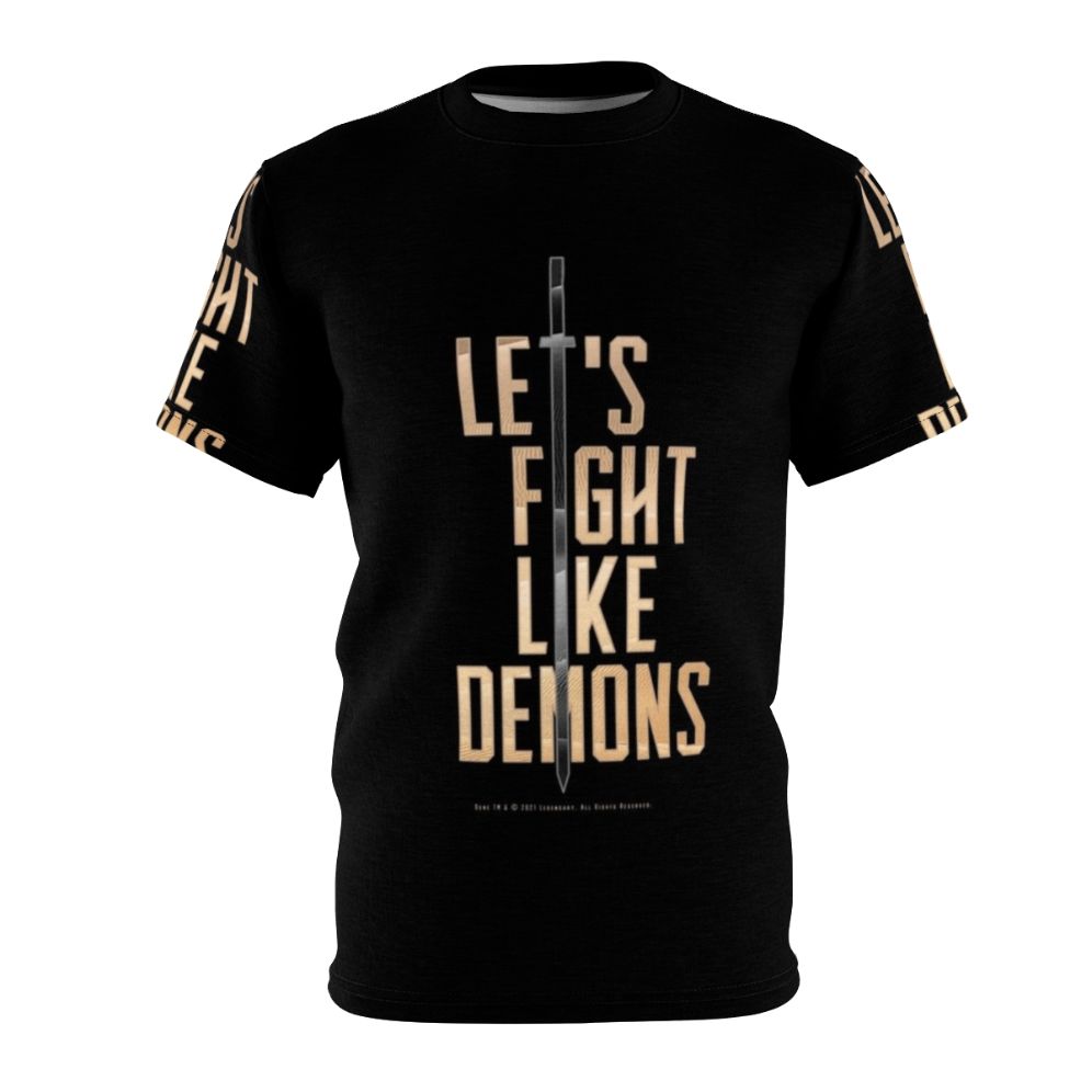 Dune inspired science fiction t-shirt with a fight like demons graphic