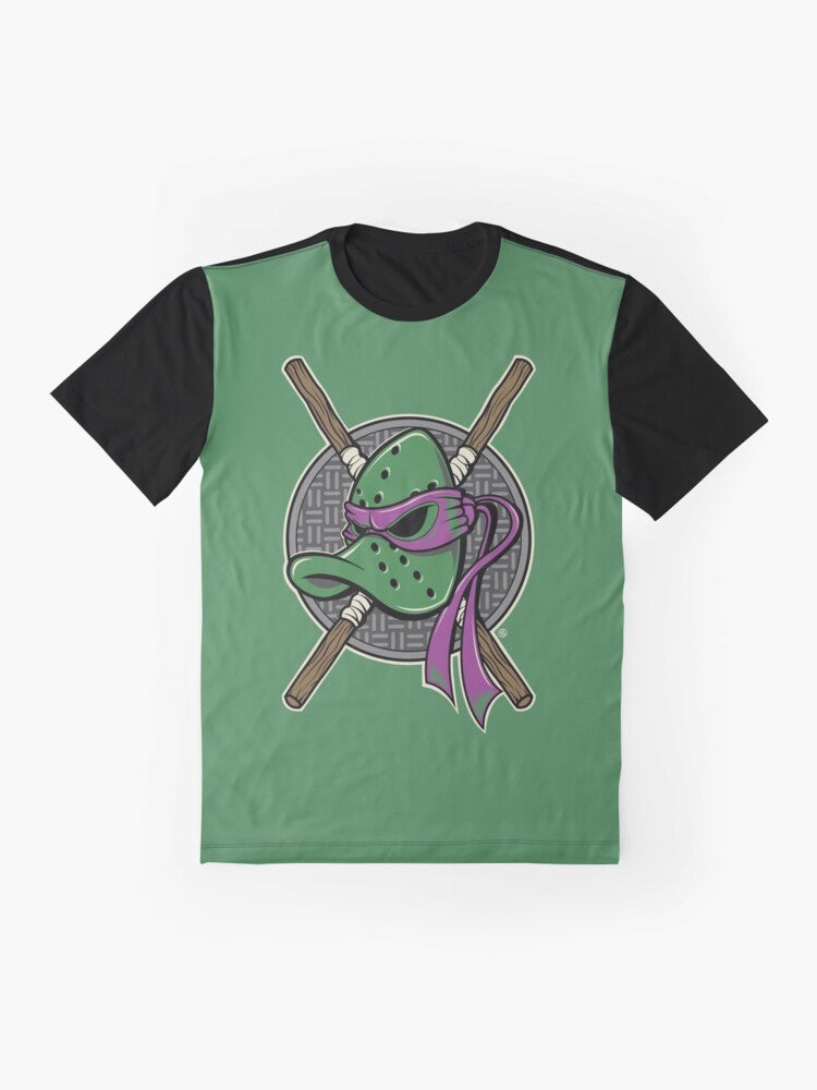 MUTANT NINJA DUCKS Graphic T-Shirt - Anaheim Mighty Ducks Meets Teenage Mutant Ninja Turtles Crossover Design - Flat lay