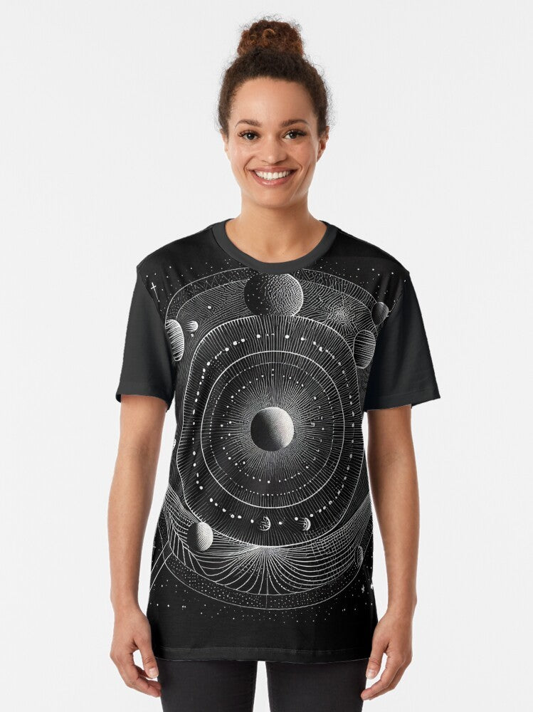 Monochrome graphic t-shirt design featuring a geometric representation of the solar system with planets, sun, and other celestial objects. - Women