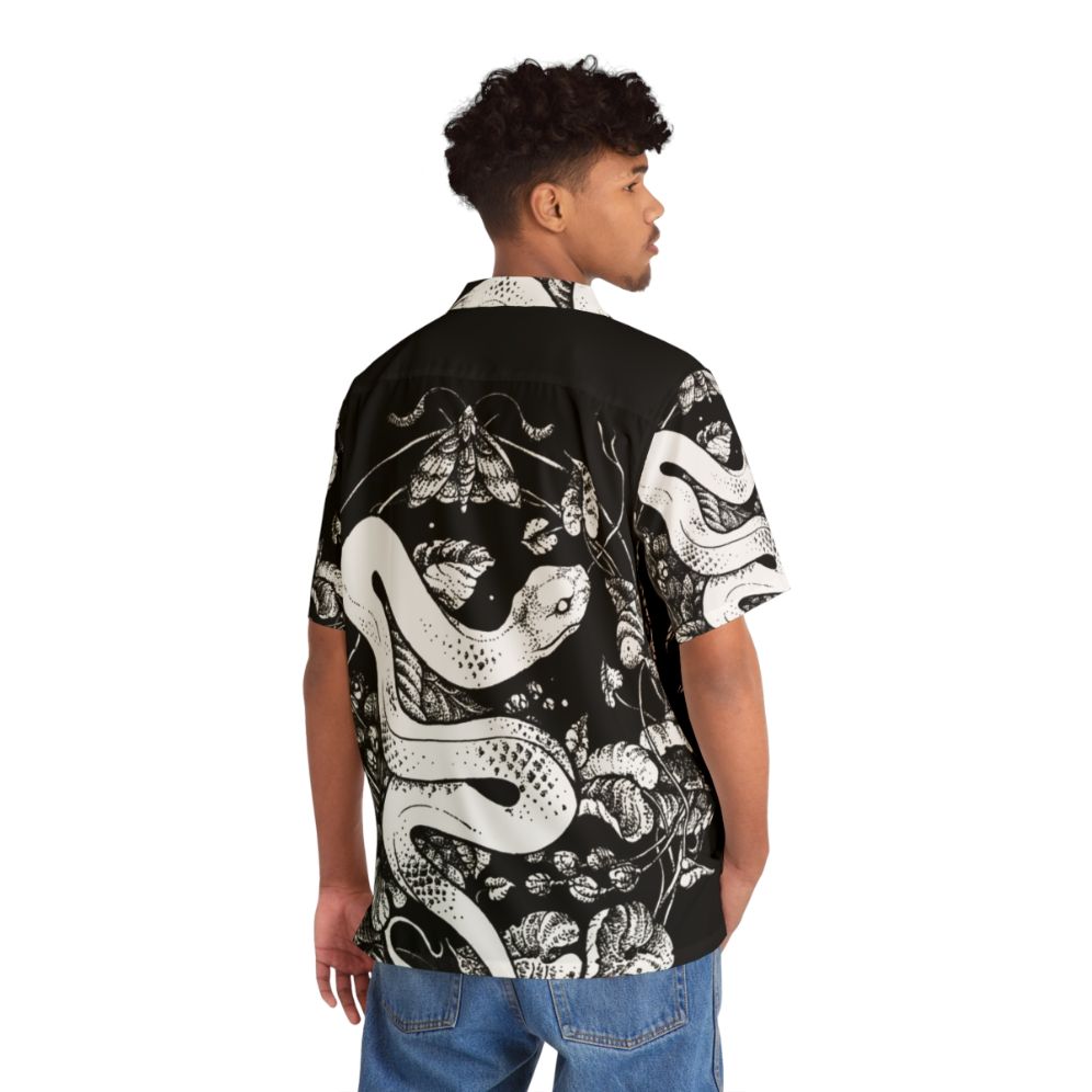 Dark and mysterious black and white Hawaiian shirt with nature inspired graphic illustration - People Back