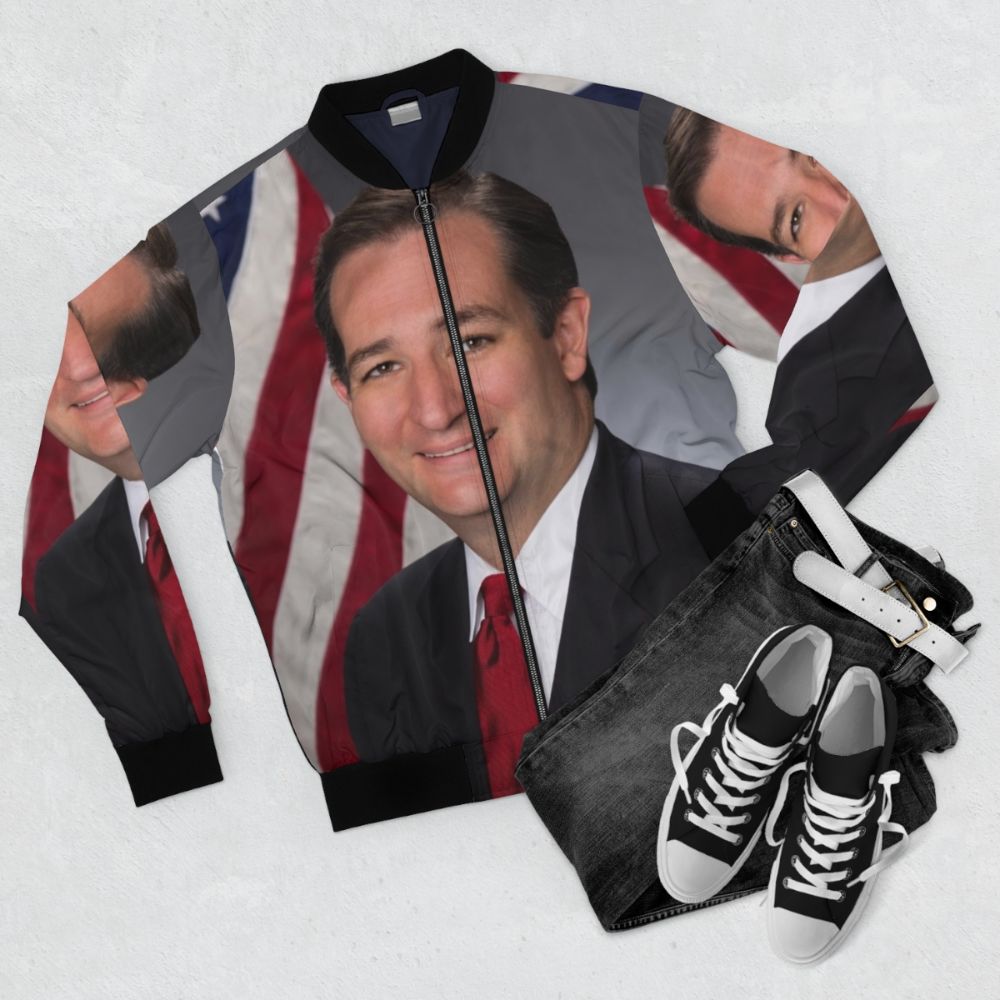 Ted Cruz Bomber Jacket with Funny Political Meme Design - Flat lay