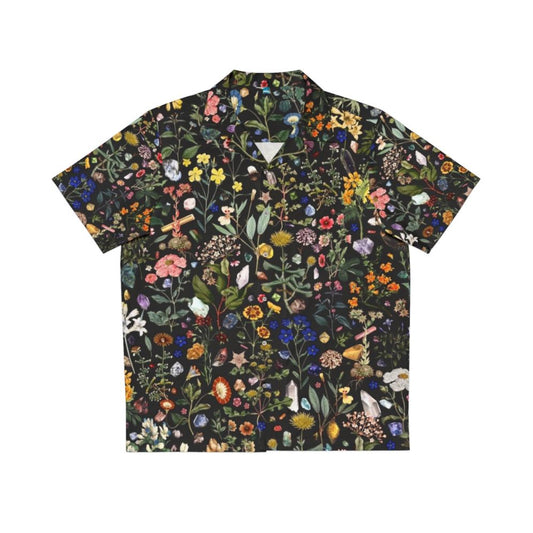 Healing Hawaiian Shirt featuring a floral digital plant design with crystals and quartz