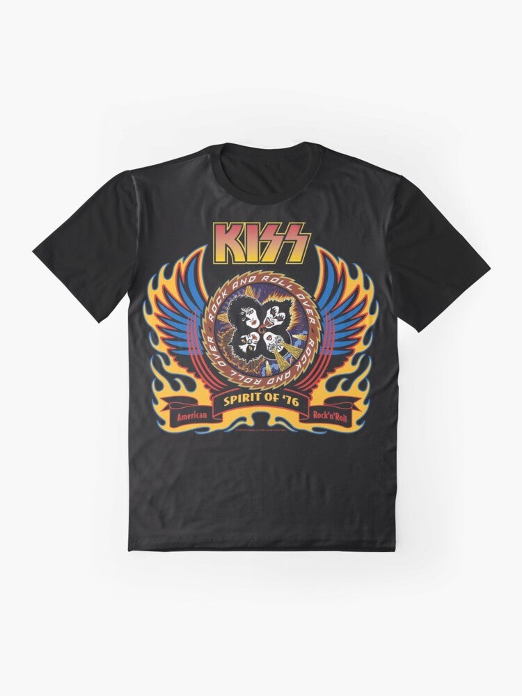 KISS 70s Graphic T-Shirt with Spirit of '76 Design Featuring Flames, Wings, and Band Members - Flat lay