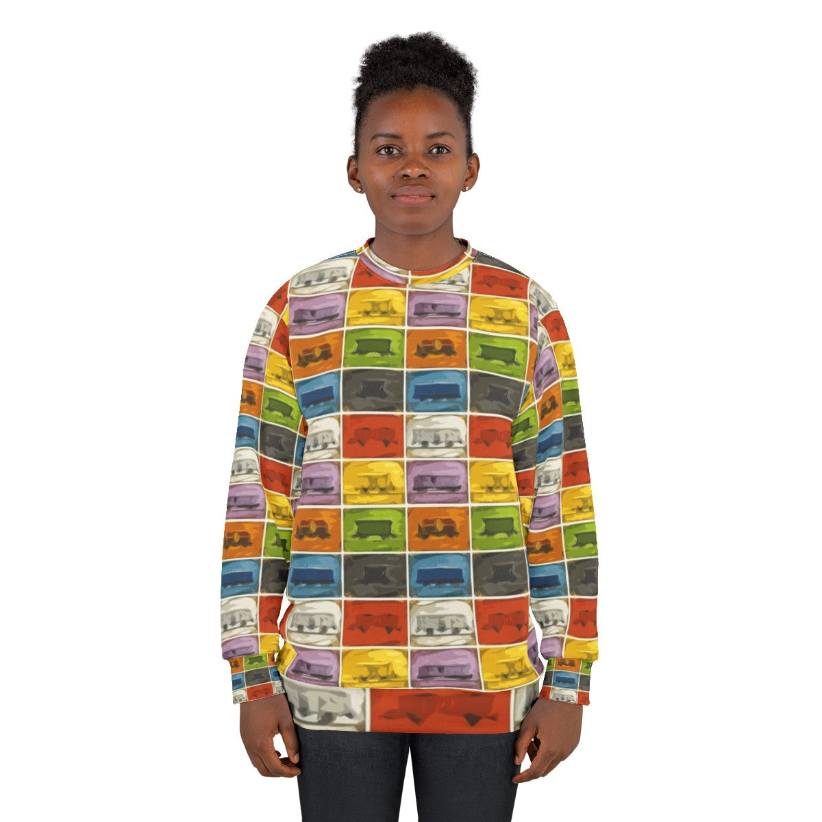 Retro board game lover wearing a Ticket to Ride-themed sweatshirt - women